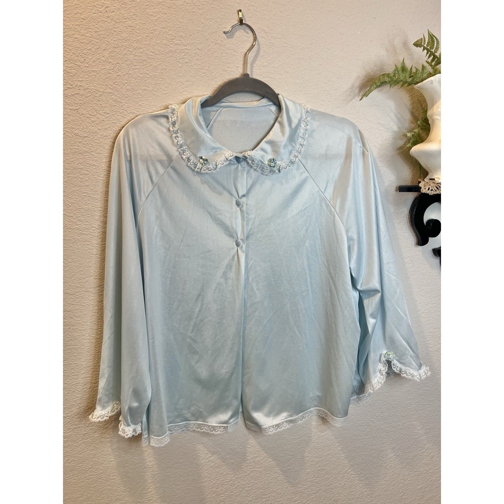 Pinehurst Lingerie Vintage Baby Blue PeterPan Collar Nylon Slip Nighty Blouse M